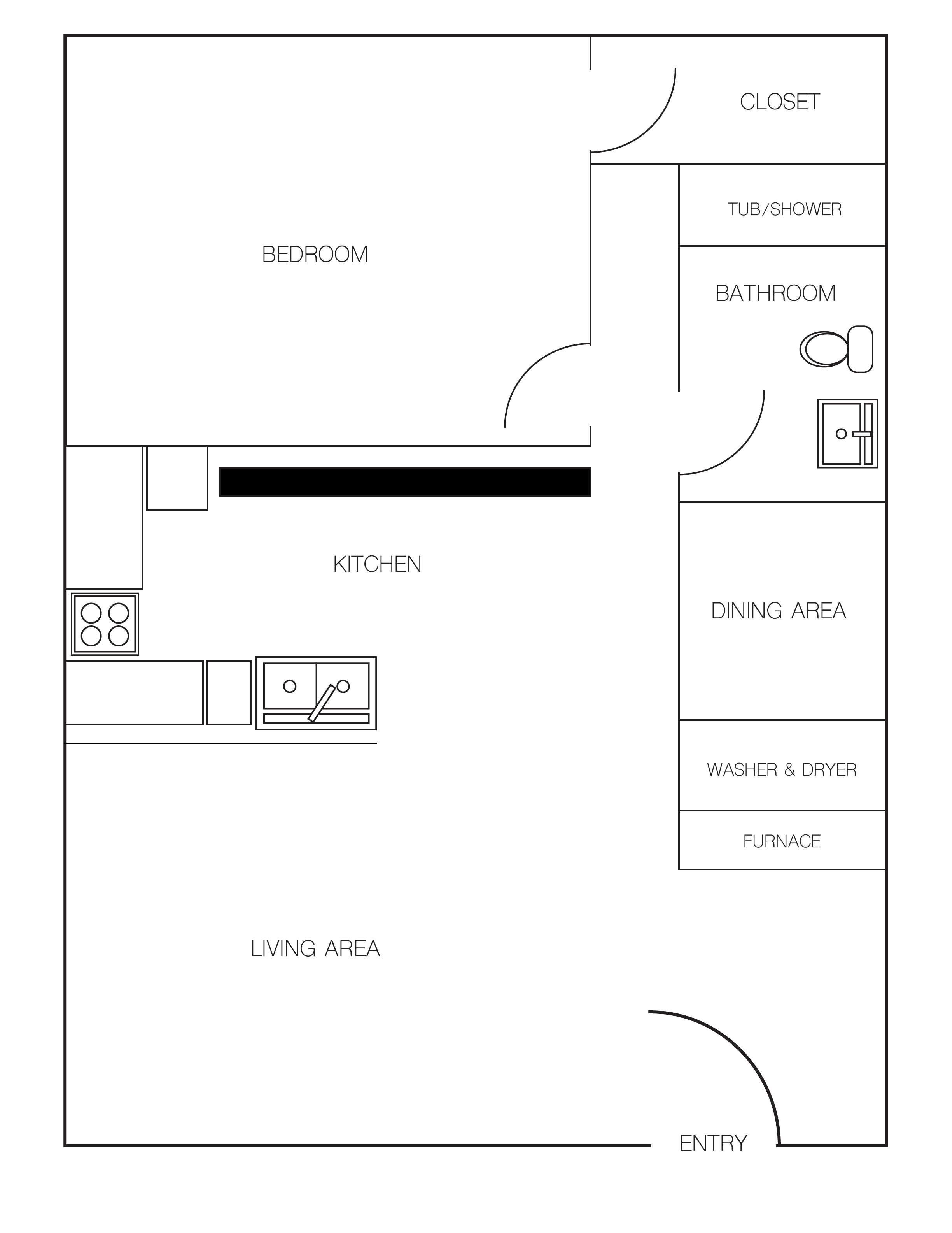 Floor plan for 1 bed, 1 bath, 606 sqft